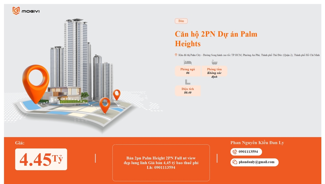Mua Bán Căn hộ 2PN Palm Heights 80.4m2 Giá 4,45 tỷ VND
