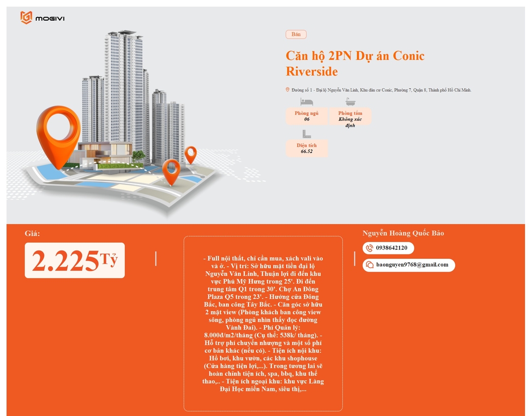 Mua Bán Căn hộ 2PN Conic Riverside 66.52m2 Giá 2,225 tỷ VND