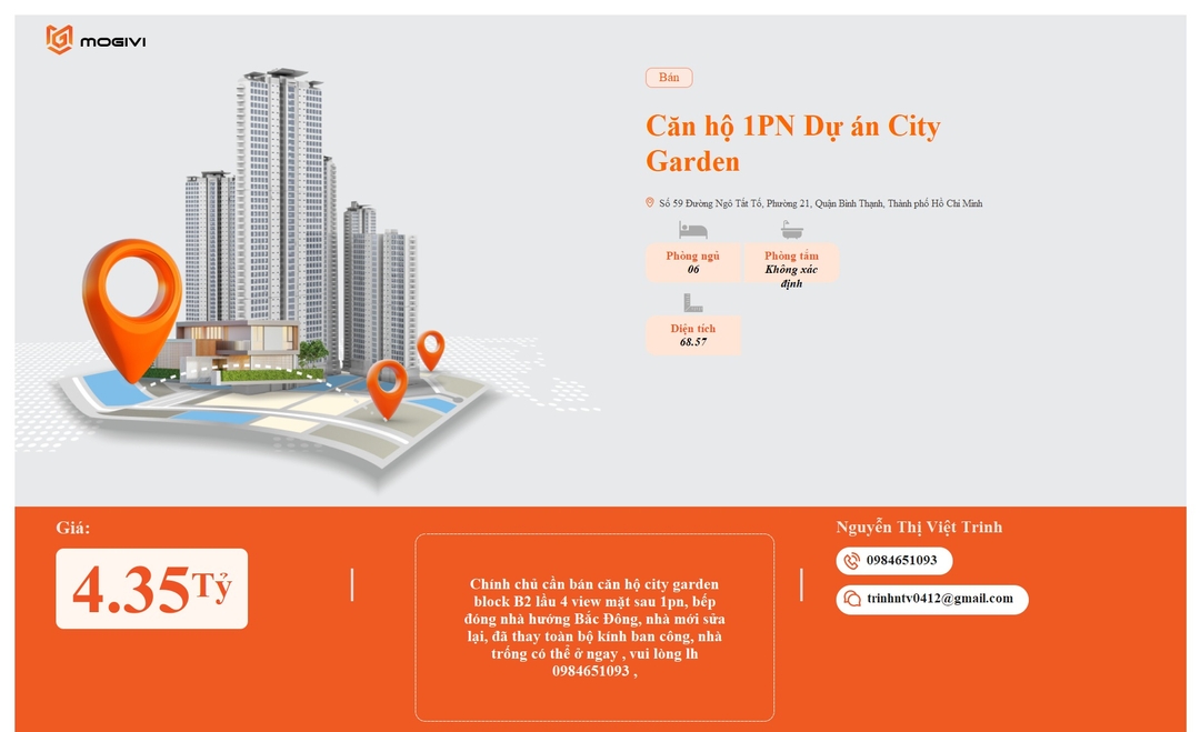 Mua Bán Căn hộ 1PN City Garden 68.57m2 Giá 4,35 tỷ VND