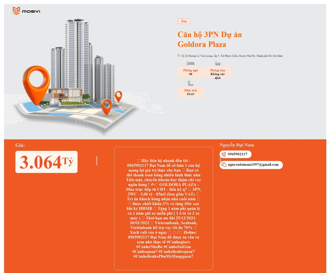 Mua Bán Căn hộ 3PN Goldora Plaza 84.63m2 Giá 3,064 tỷ VND
