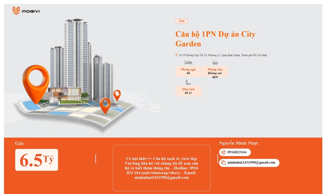 Mua Bán Căn hộ 1PN City Garden 69.11m2 Giá 6,5 tỷ VND