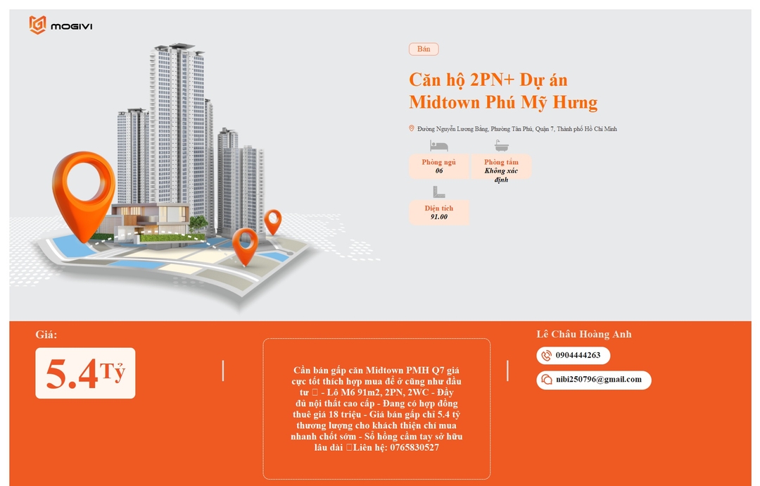 Mua Bán Căn hộ 2PN+ Midtown Phú Mỹ Hưng 91m2 Giá 5,4 tỷ VND