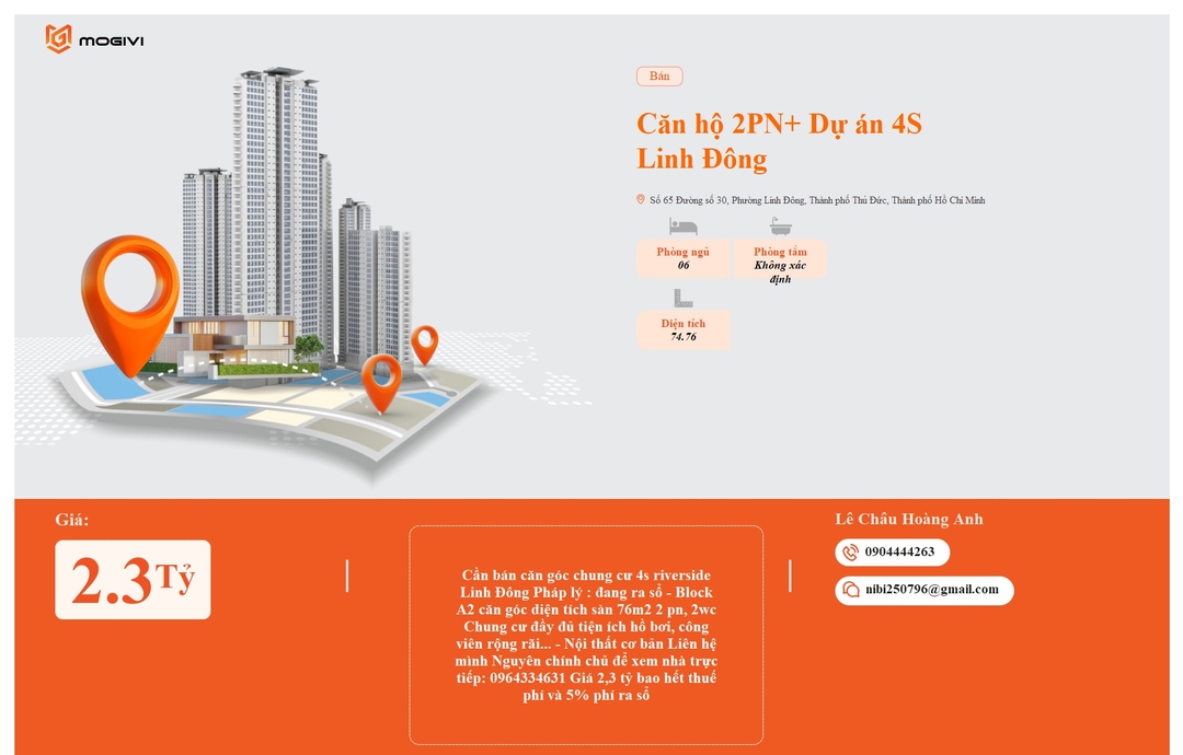 Mua Bán Căn hộ 2PN+ 4S Riverside Linh Đông 74.76m2 Giá 2,3 tỷ VND