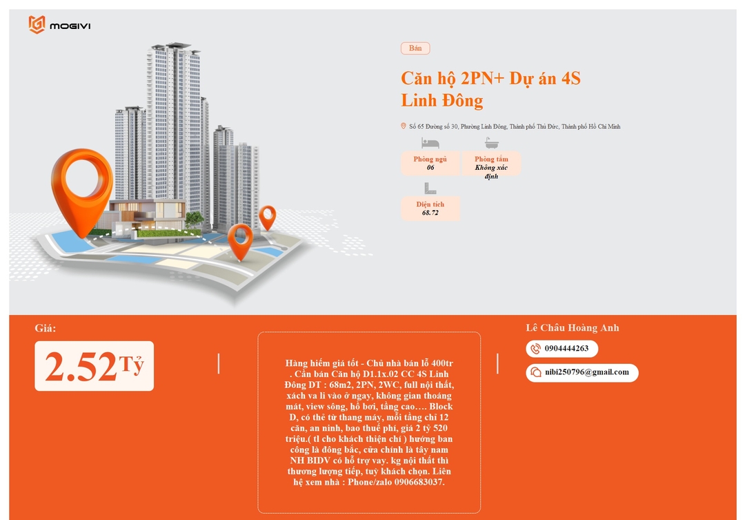 Mua Bán Căn hộ 2PN+ 4S Riverside Linh Đông 68.72m2 Giá 2,52 tỷ VND