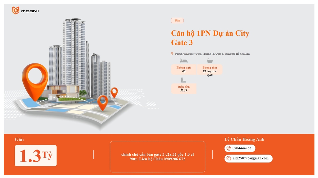 Mua Bán Căn hộ 1PN City Gate 3 (NBB Garden 3) 52.13m2 Giá 1,3 tỷ VND