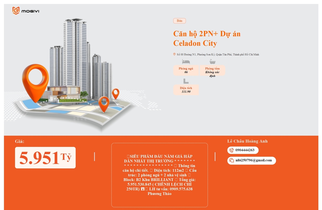 Mua Bán Căn hộ 2PN+ Celadon City 111.9m2 Giá 5,951 tỷ VND