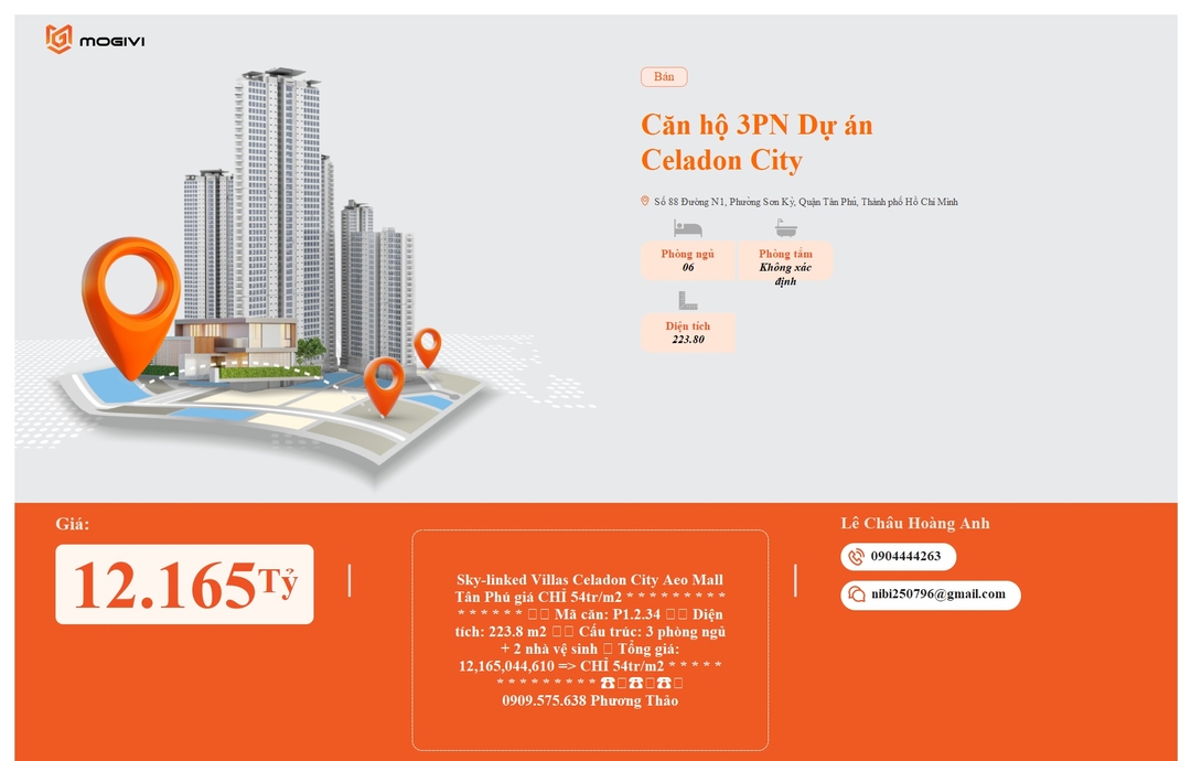 Mua Bán Căn hộ 3PN Celadon City 223.8m2 Giá 12,165 tỷ VND