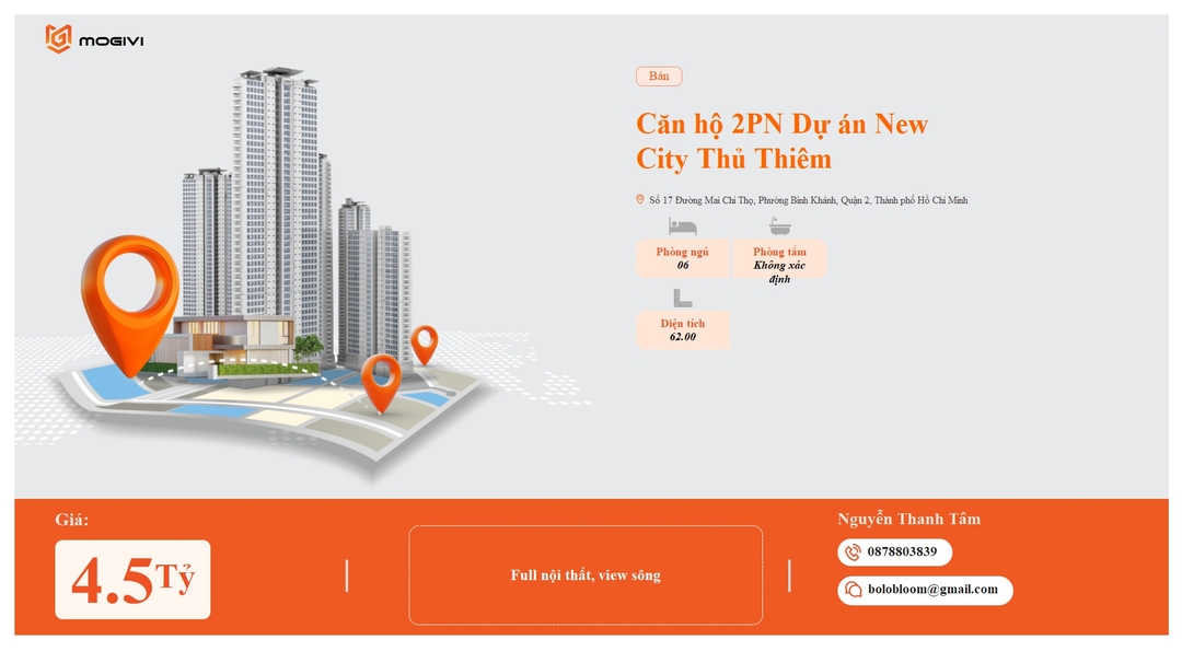 Mua Bán Căn hộ 2PN New City Thủ Thiêm 62m2 Giá 4,5 tỷ VND