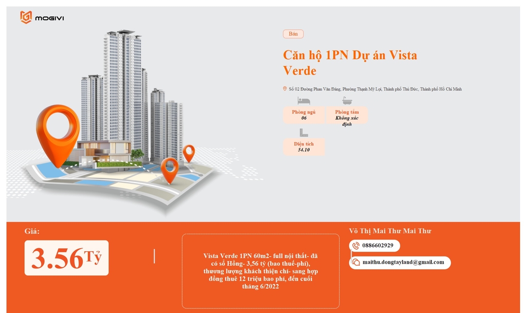 Mua Bán Căn hộ 1PN Vista Verde 54.1m2 Giá 3,56 tỷ VND