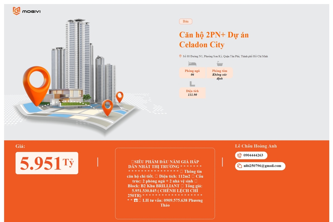 Mua Bán Căn hộ 2PN+ Celadon City 111.9m2 Giá 5,951 tỷ VND