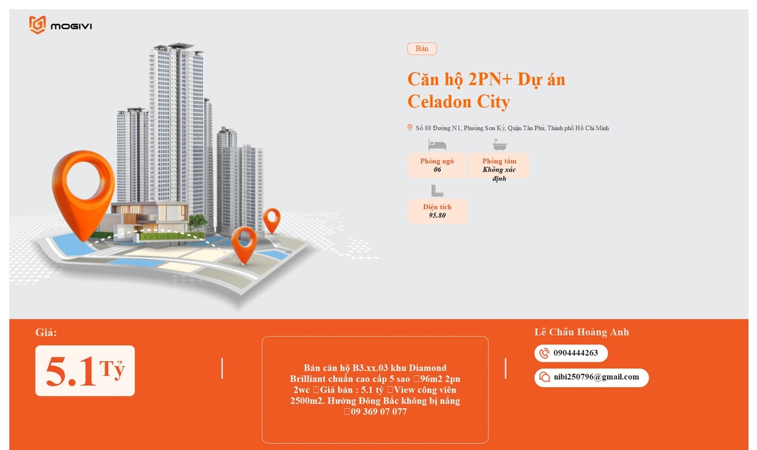 Mua Bán Căn hộ 2PN+ Celadon City 95.8m2 Giá 5,1 tỷ VND
