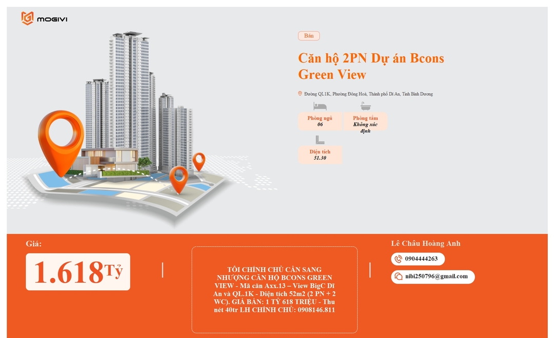 Mua Bán Căn hộ 2PN Bcons Green View 51.3m2 Giá 1,618 tỷ VND