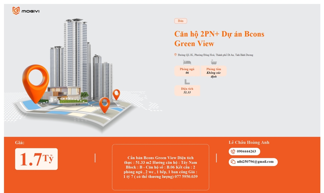 Mua Bán Căn hộ 2PN+ Bcons Green View 51.33m2 Giá 1,7 tỷ VND