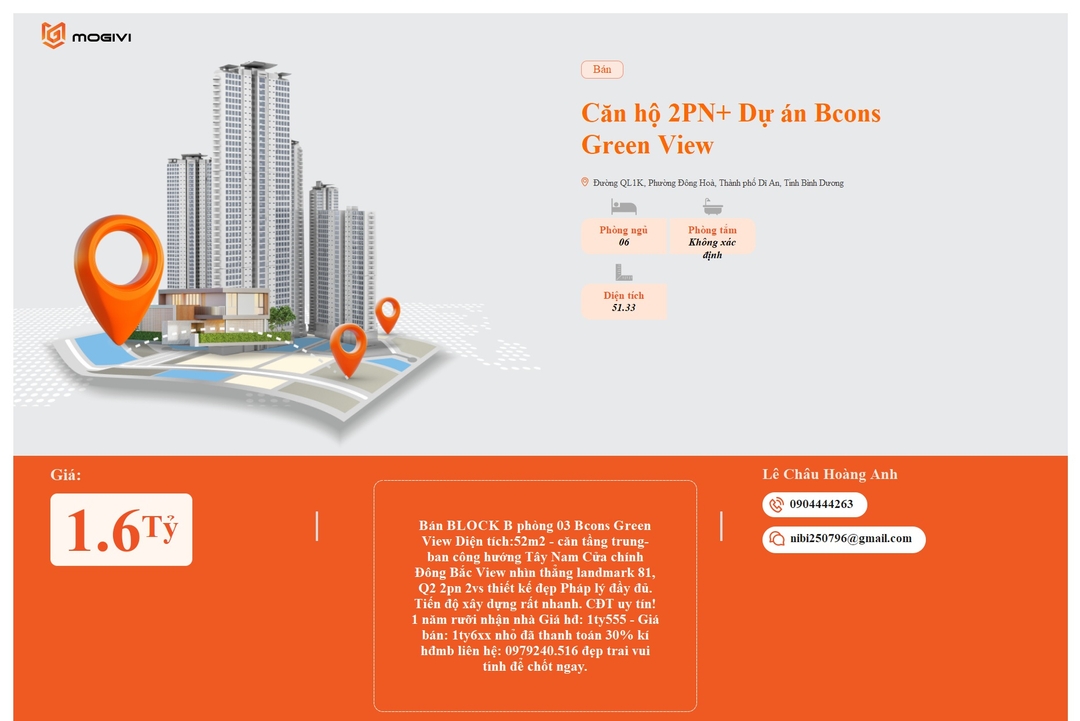 Mua Bán Căn hộ 2PN+ Bcons Green View 51.33m2 Giá 1,6 tỷ VND