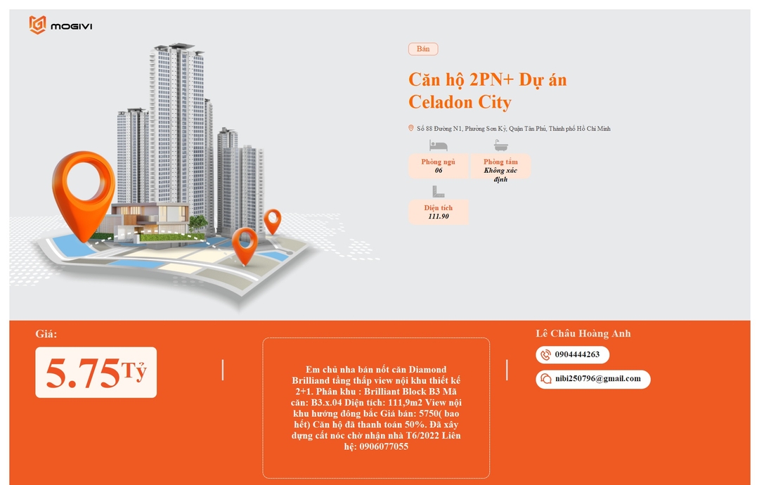 Mua Bán Căn hộ 2PN+ Celadon City 111.9m2 Giá 5,75 tỷ VND
