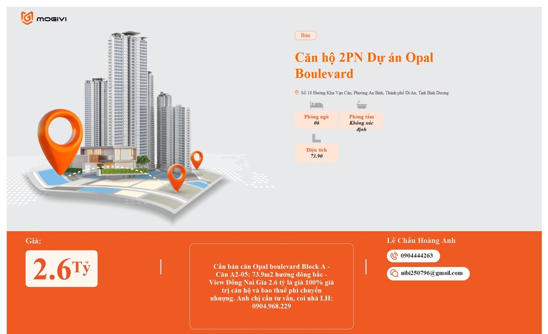Mua Bán Căn hộ 2PN Opal Boulevard 73.9m2 Giá 2,6 tỷ VND