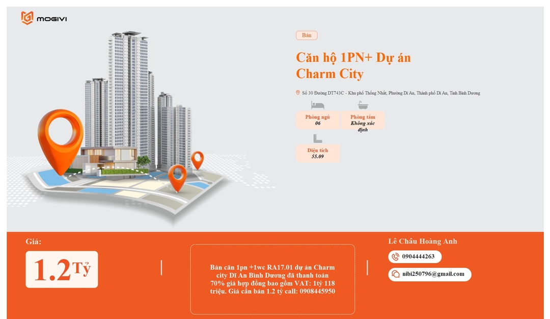 Mua Bán Căn hộ 1PN+ Charm City 55.09m2 Giá 1,2 tỷ VND
