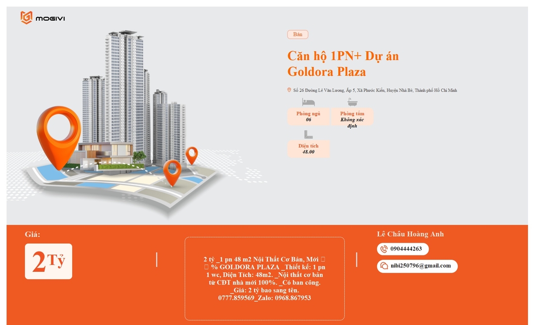 Mua Bán Căn hộ 1PN+ Goldora Plaza 48m2 Giá 2 tỷ VND