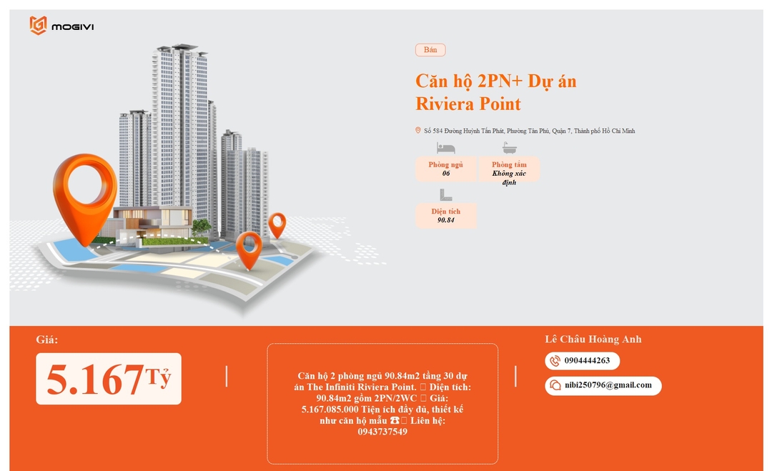 Mua Bán Căn hộ 2PN+ Riviera Point 90.84m2 Giá 5,167 tỷ VND