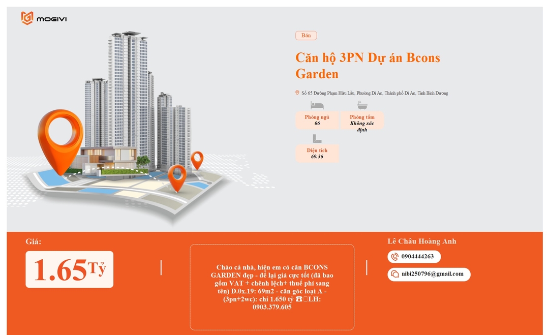 Mua Bán Căn hộ 3PN Bcons Garden 69.36m2 Giá 1,65 tỷ VND