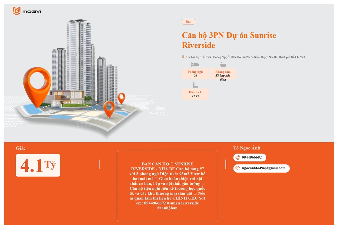 Mua Bán Căn hộ 3PN Sunrise Riverside 93.49m2 Giá 4,1 tỷ VND