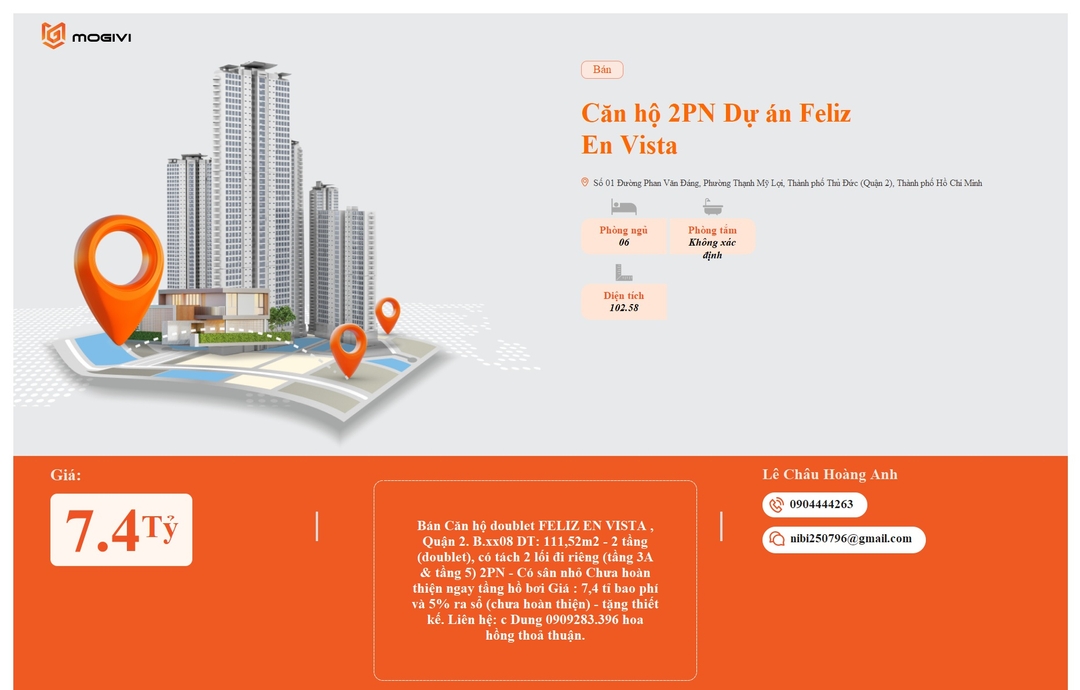 Mua Bán Căn hộ 2PN Feliz en Vista 102.58m2 Giá 7,4 tỷ VND