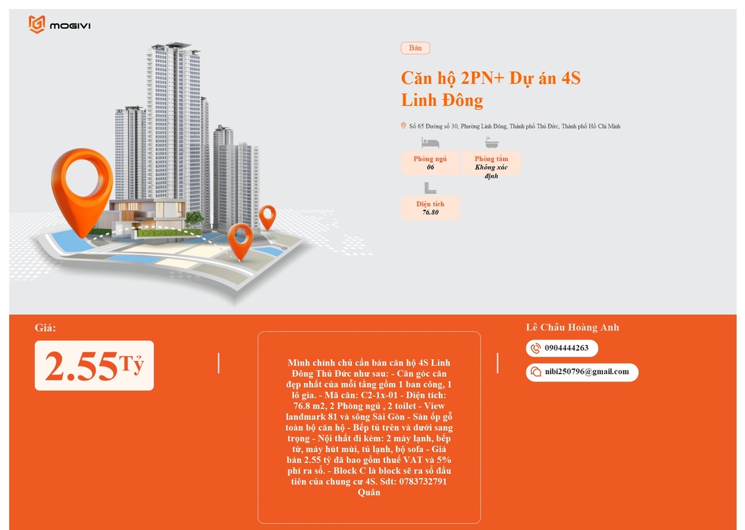 Mua Bán Căn hộ 2PN+ 4S Riverside Linh Đông 76.8m2 Giá 2,55 tỷ VND