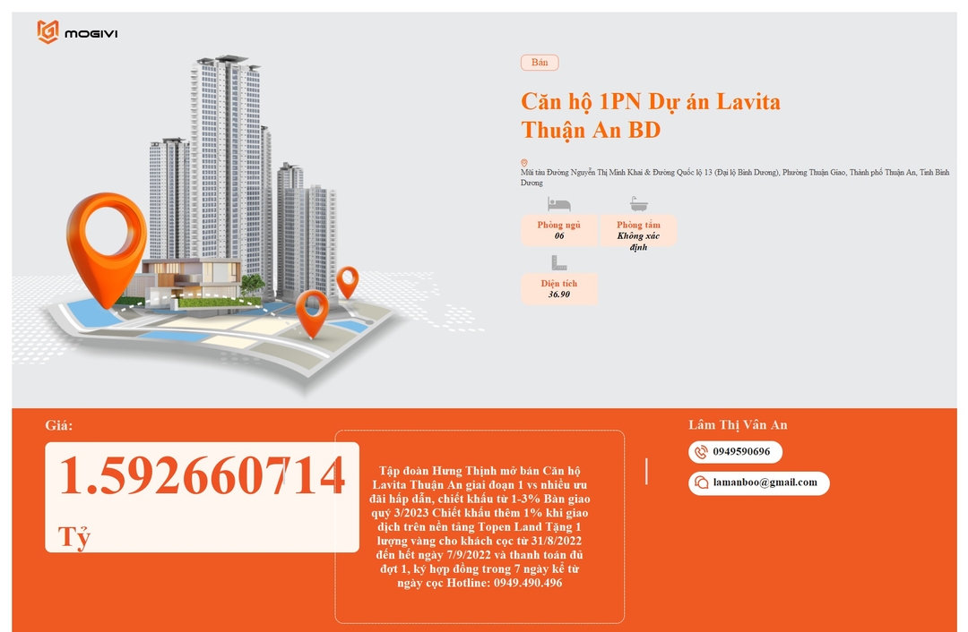 Mua Bán Căn hộ 1PN Lavita Thuận An 36.9m2 Giá 1,592660714 tỷ VND