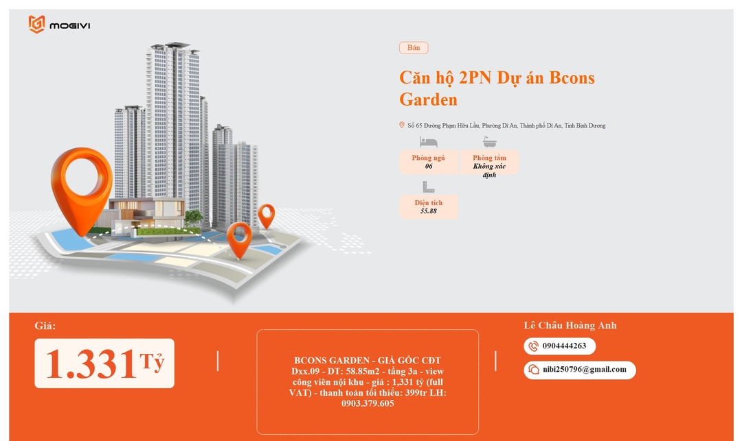 Mua Bán Căn hộ 2PN Bcons Garden 55.88m2 Giá 1,331 tỷ VND