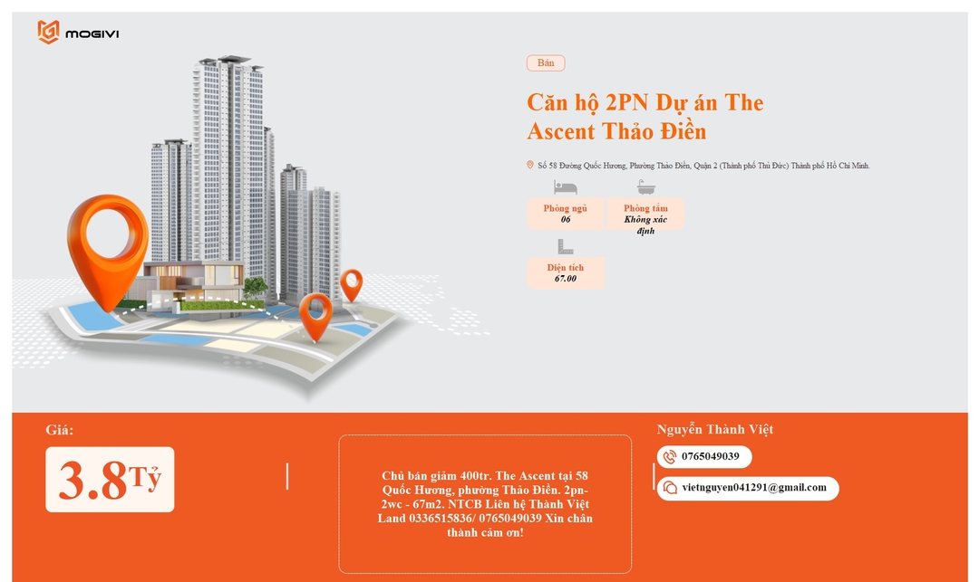Mua Bán Căn hộ 2PN The Ascent Thảo Điền 67m2 Giá 3,8 tỷ VND