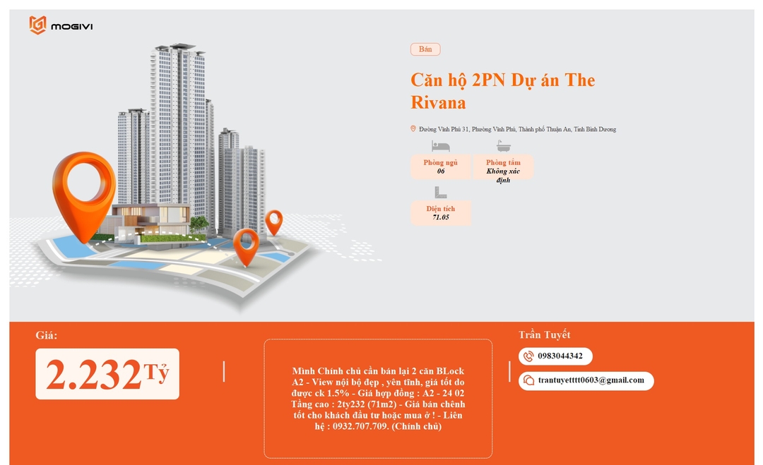 Mua Bán Căn hộ 2PN The Rivana 71.05m2 Giá 2,232 tỷ VND