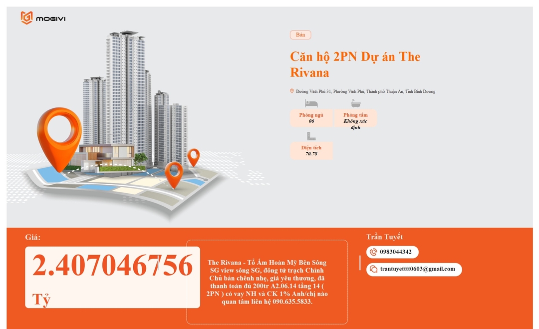Mua Bán Căn hộ 2PN The Rivana 70.78m2 Giá 2,407046756 tỷ VND