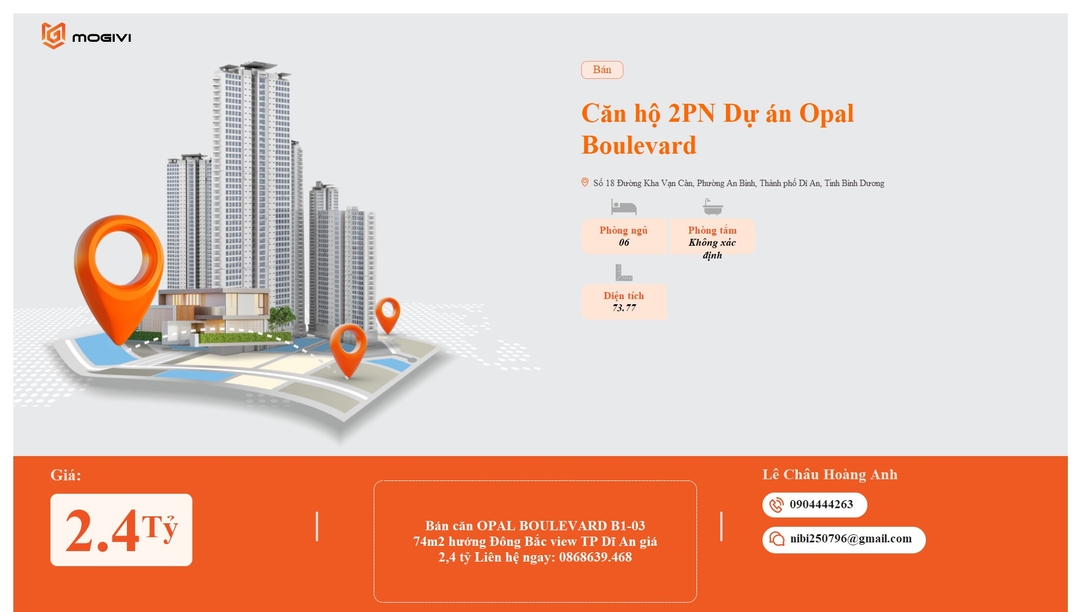 Mua Bán Căn hộ 2PN Opal Boulevard 73.77m2 Giá 2,4 tỷ VND