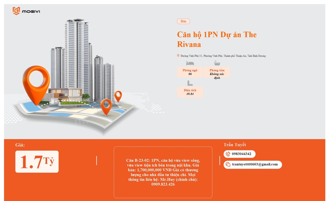 Mua Bán Căn hộ 1PN The Rivana 49.84m2 Giá 1,7 tỷ VND
