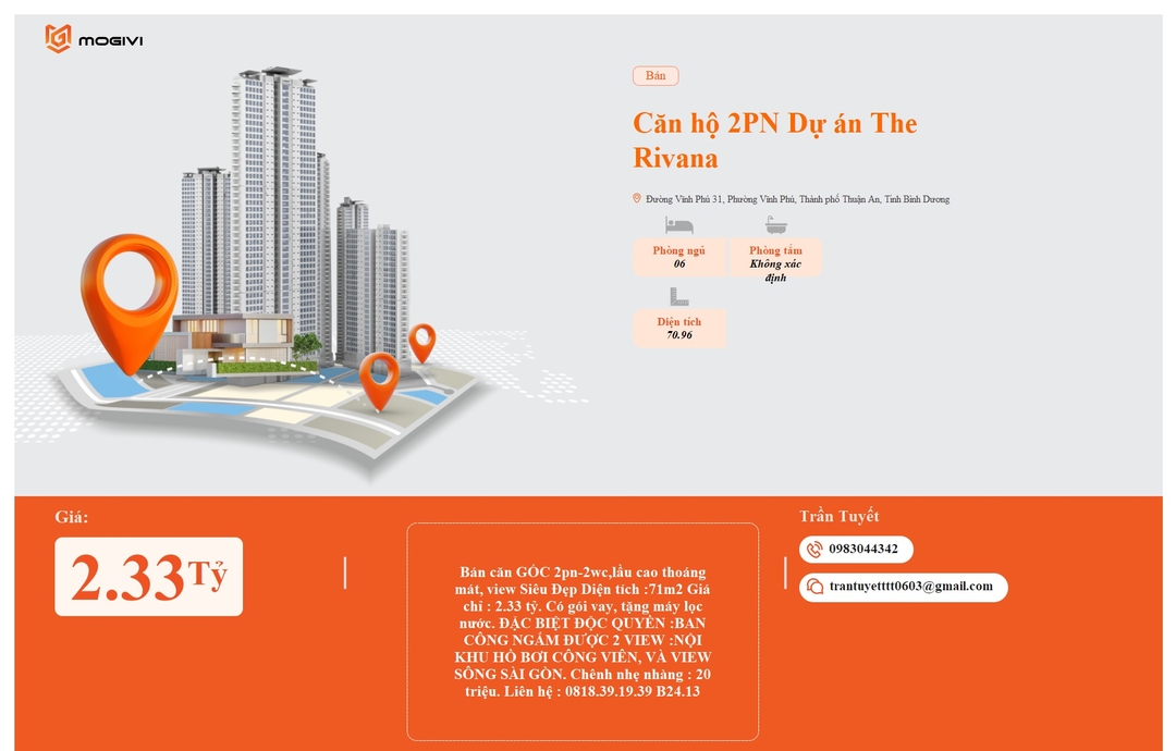 Mua Bán Căn hộ 2PN The Rivana 70.96m2 Giá 2,33 tỷ VND
