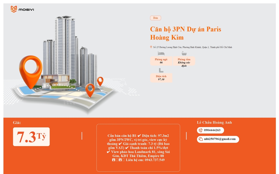 Mua Bán Căn hộ 3PN Paris Hoàng Kim 97.3m2 Giá 7,3 tỷ VND