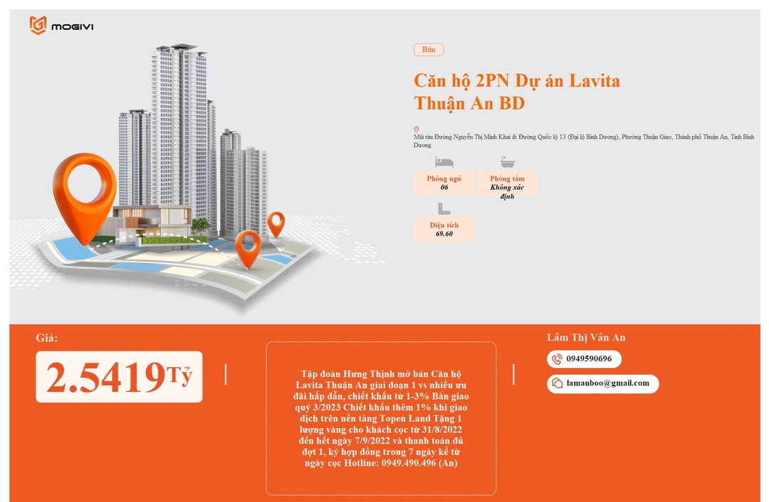 Mua Bán Căn hộ 2PN Lavita Thuận An 69.6m2 Giá 2,5419 tỷ VND