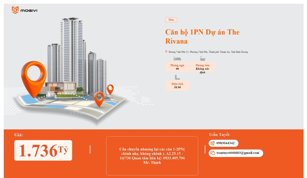 Mua Bán Căn hộ 1PN The Rivana 50.9m2 Giá 1,736 tỷ VND