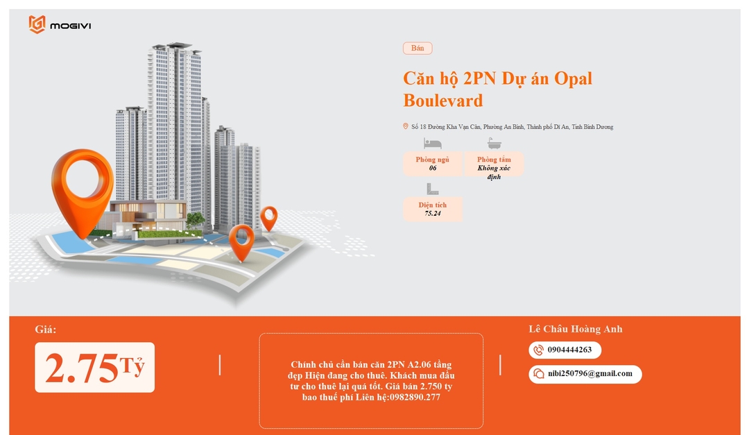 Mua Bán Căn hộ 2PN Opal Boulevard 75.24m2 Giá 2,75 tỷ VND