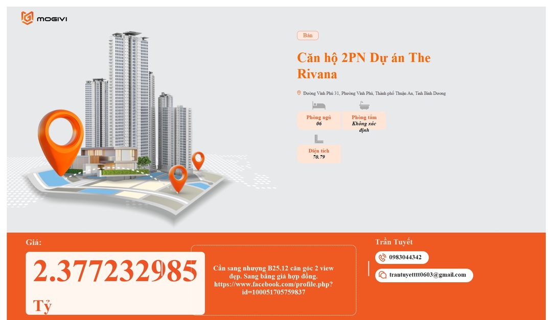 Mua Bán Căn hộ 2PN The Rivana 70.79m2 Giá 2,377232985 tỷ VND
