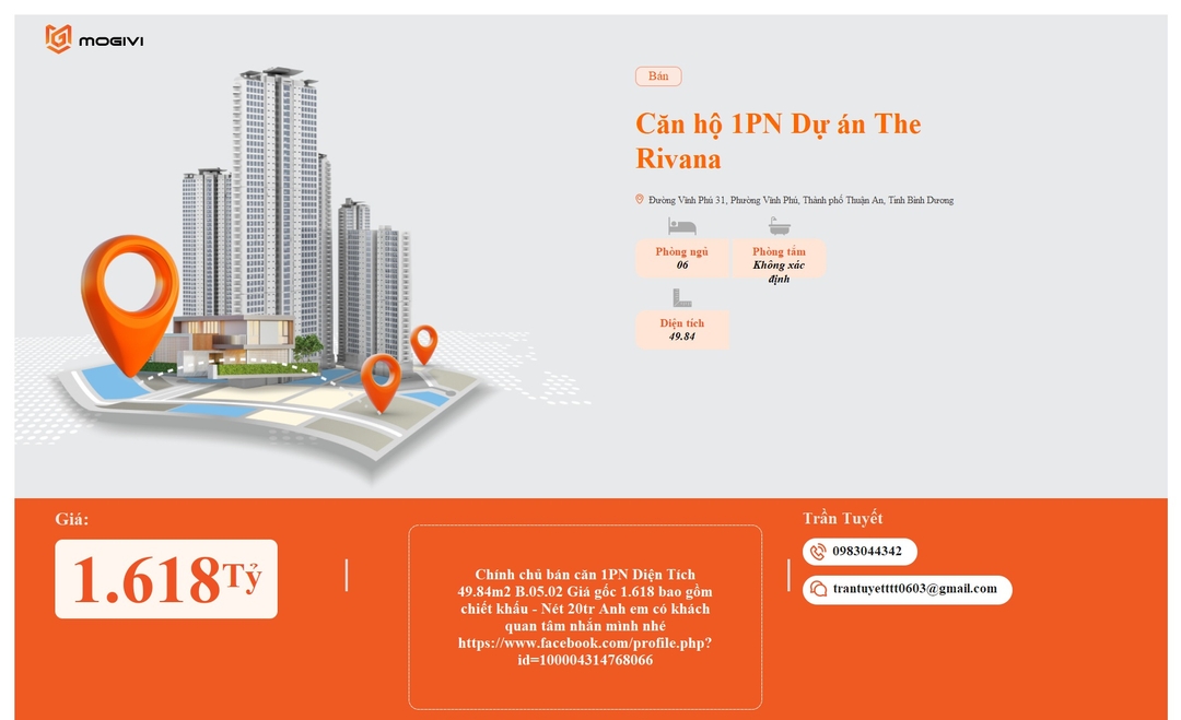 Mua Bán Căn hộ 1PN The Rivana 49.84m2 Giá 1,618 tỷ VND
