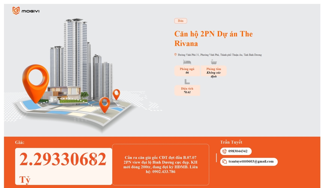Mua Bán Căn hộ 2PN The Rivana 70.61m2 Giá 2,29330682 tỷ VND