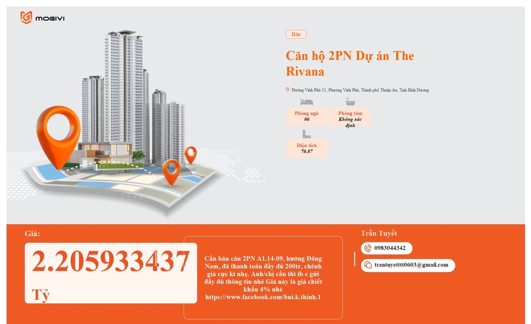 Mua Bán Căn hộ 2PN The Rivana 70.87m2 Giá 2,205933437 tỷ VND