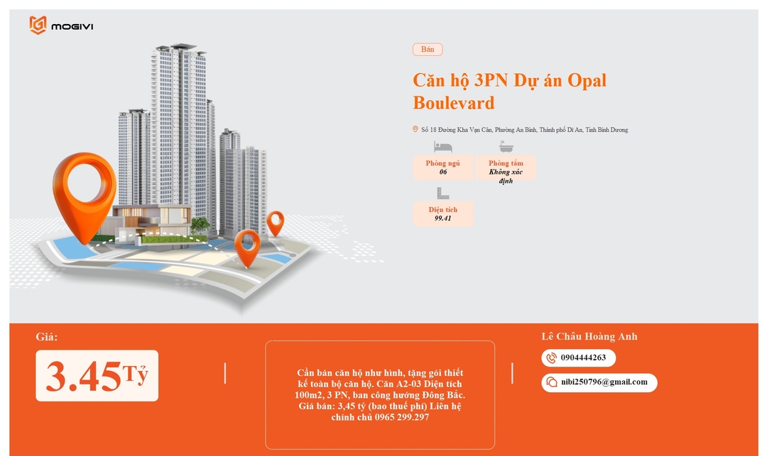 Mua Bán Căn hộ 3PN Opal Boulevard 99.41m2 Giá 3,45 tỷ VND