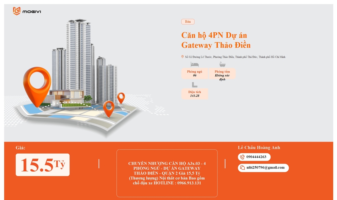 Mua Bán Căn hộ 4PN Gateway Thảo Điền 143.28m2 Giá 15,5 tỷ VND