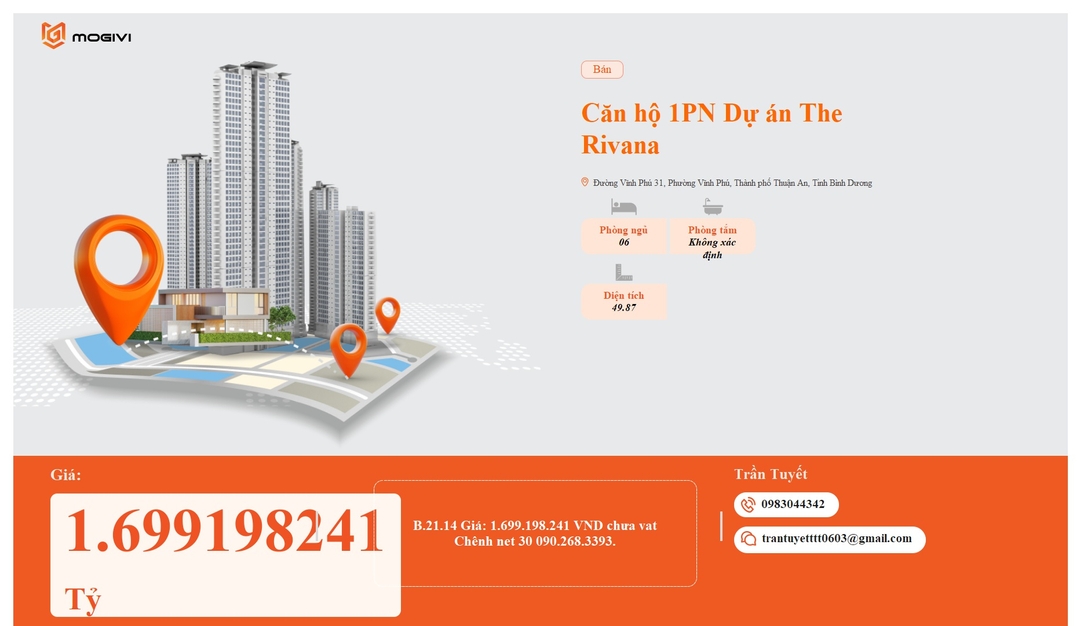 Mua Bán Căn hộ 1PN The Rivana 49.87m2 Giá 1,699198241 tỷ VND