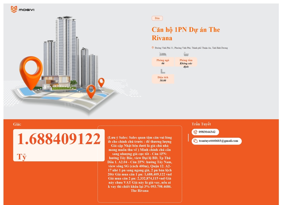 Mua Bán Căn hộ 1PN The Rivana 50m2 Giá 1,688409122 tỷ VND