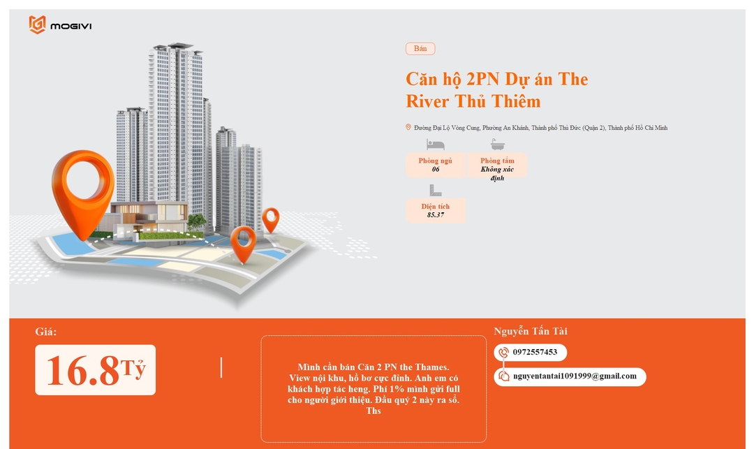 Mua Bán Căn hộ 2PN The River Thủ Thiêm 85.37m2 Giá 16,8 tỷ VND