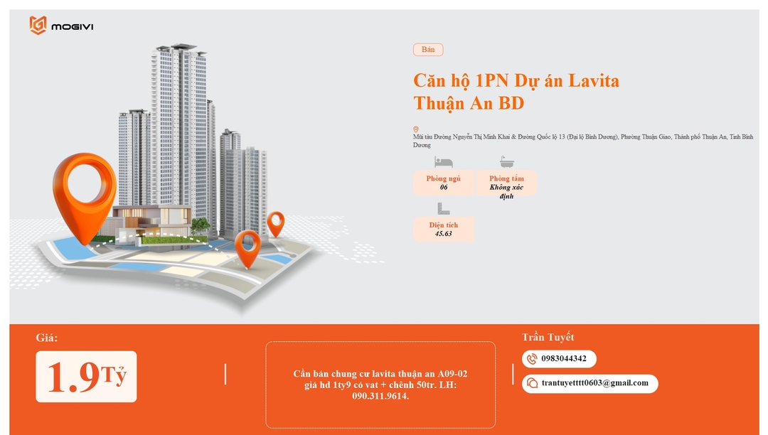 Mua Bán Căn hộ 1PN Lavita Thuận An 45.63m2 Giá 1,9 tỷ VND