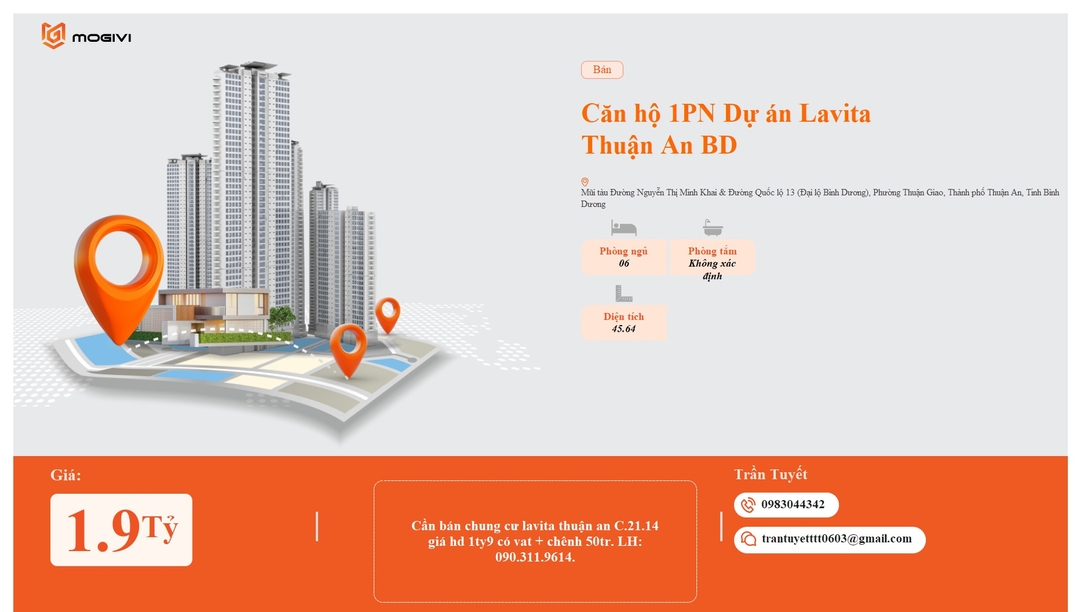 Mua Bán Căn hộ 1PN Lavita Thuận An 45.64m2 Giá 1,9 tỷ VND